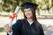 © Phindulo T/peopleimages.com - University, graduation and portrait of girl with diploma on campus smile for success, award and achievement. Education, college and happy female graduate with certificate, degree and academy scroll