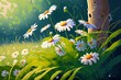 cheerful summer glade with bright beaful chamomile with leaves, created with generative ai