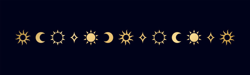 gold celestial separator with sun, stars, moon phases, crescents. ornate boho mystic divider decorat