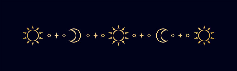gold celestial separator with sun, stars, moon phases, crescents. ornate boho mystic divider decorat