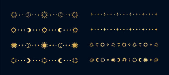 gold celestial separator set with sun, stars, moon phases, crescents. ornate boho mystic divider dec