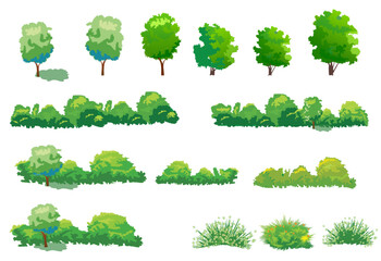 Set of trees and bushes for design elements. Vector illustration isolated on white background.