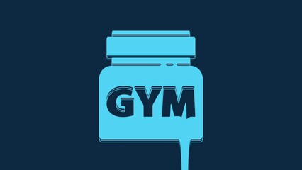 Sticker - Blue Sports nutrition bodybuilding proteine power drink and food icon isolated on blue background. 4K Video motion graphic animation