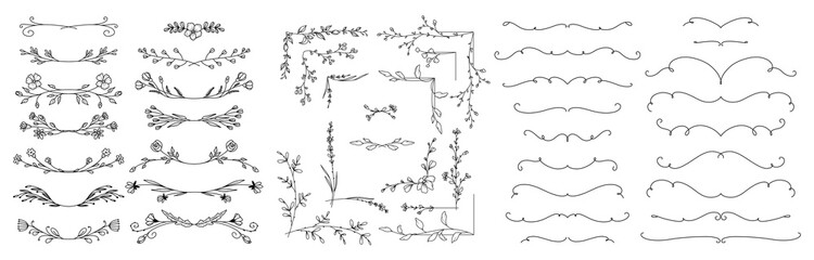 hand drawn design elements collection. floral frames, corners, dividers, calligraphic lines, borders