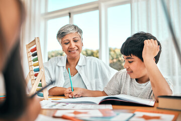 Sticker - Grandma help, child math learning and home studying selfie in a family house with education and knowledge. Senior man, boy and teaching of elderly person with a kid doing writing for an project