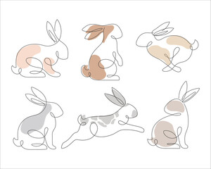 Wall Mural - Bunny line art style icon set. Rabbit line art icon collection. Set of Abstract outline rabbit. Continous line drawing Rabbit minimalism style icon set. Easter bunny linear icon pack. Vector illustrat