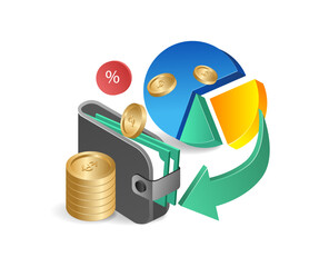 Isometric flat 3d illustration concept of money investment pie chart