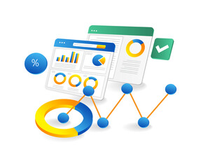 Isometric flat 3d illustration concept of business development analysis data screen