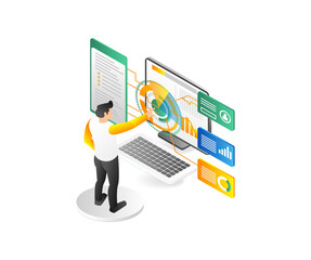 Aufkleber - Isometric 3d flat illustration concept of man pressing digital marketing technology transformation button