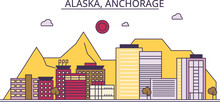 United States, Anchorage Tourism Landmarks, Vector City Travel Illustration
