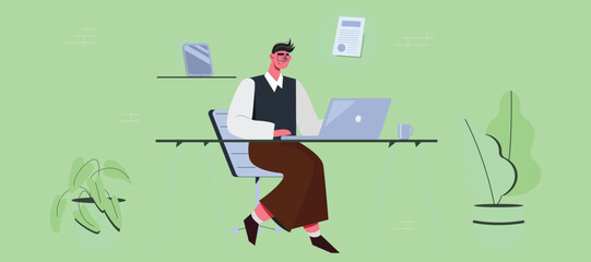 Office work. Man sitting behind the desk in front of the computer. Browsing internet. Mobile communication and social network concept. Vector illustration of a man using laptop.