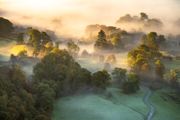 Wall Mural - beautiful autumn morning with mist and golden sunlight at loughrigg tarn in the lake district, uk.