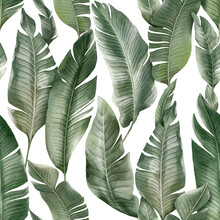 Seamless Floral Pattern With Banana Palm Leaves Hand-drawn Painted In Watercolor Style. The Seamless Pattern Can Be Used On A Variety Of Surfaces, Wallpaper, Textiles Or Packaging