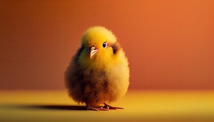 Wall Mural - Fluffy small chicken standing on easter egg on orange background