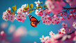 Flying butterfly and blossoming fresh pink cherry blooming flowers branch against blue sky background. Beautiful magic image. Wonderful nature shot 