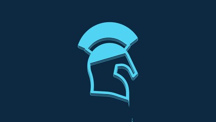 Poster - Blue Greek helmet icon isolated on blue background. Antiques helmet for head protection soldiers with a crest of feathers or horsehair. 4K Video motion graphic animation