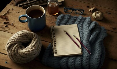 Wall Mural -  a cup of coffee and a notebook on a wooden table.  generative ai