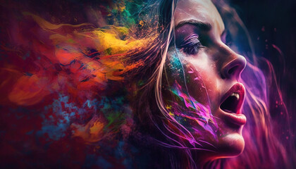 Wall Mural - Woman with ethereal coloured energy exiting her mind. Generative Ai.
