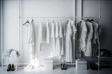white clothes in a built-in white closet with racks, drawers, and clothes hangers ai generation
