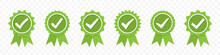 Set Of Certified Or Approved Green Medal With Tick Icon
