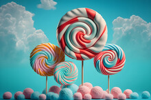 AI Generative, Fantasy Colorful Lollipops On Cotton Candy Landscape, Pink Background, Illustration