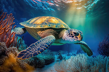 Sea turtle swimming in the under sea , Beautiful Underwater and colorful coral in wild nature of the Pacific Ocean, generative AI