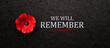 The remembrance poppy - poppy appeal. Poppy flower on black textured background. Decorative flower for Remembrance Day, Memorial Day, Anzac Day. Banner.
