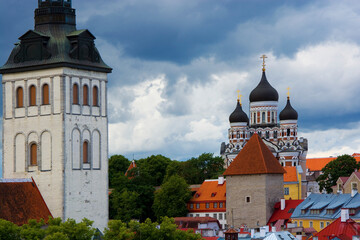 Sticker - Panorama of the Old Town of Tallinn, Estonia. St Nicholas Church on the left, orthodox Alexander Nevsky Cathedral on the right.