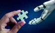 © tete_escape - 3d rendering robot hand receiving jigsaw puzzle piece, giving from human on blue cyber network background. Digital transformation, AI, artificial intelligence technology, machine learning concept.