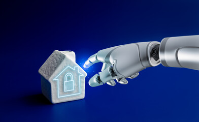 Wall Mural - 3d rendering humanoid robot hand touch on digital padlock button on white house model on blue background. AI, artificial intelligence, home security application service, lifestyle technology concept.