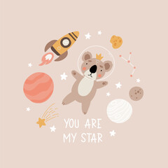 Wall Mural - Space adventure koala. Cartoon bear, hand drawing lettering, decor elements. Pastel vector illustration for kids. Scandinavian flat style. baby design for cards, posters, t-shirt print.