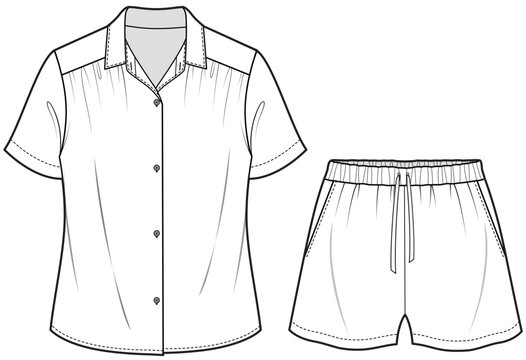 womens short sleeve pajama shirt and drawstring elastic waist shorts sleepwear set flat sketch vector illustration technical cad drawing template