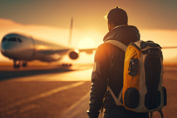 backpack man travel at airport on sunset sky abstract background. generative ai