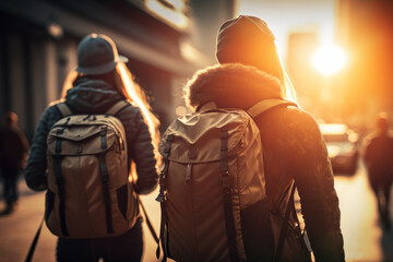 Backpack couple travel at city on sunset sky abstract background. Generative ai