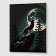 A lone wolf standing on a rocky outcropping, howling at the moon above a dense forest. realistic wonderful illustration