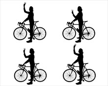 Big Set Of Silhouettes Of Women Cyclists. The Girl Stands Near The Bike And Holds On To The Steering Wheel. A Woman Shows A "victory" Gesture With Her Hand. Side View. Black Color Silhouette Isolated