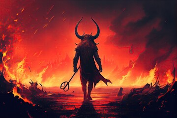 Poster - a demon with horns and a pitchfork in the midst of a fiery hellscape., created with generative ai