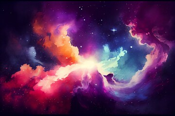 Wall Mural - watercolor illustration of a abstract outer space endless nebula galaxy background. generative ai