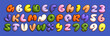 Colorful Latin 3D alphabet with airy thick letters. Font with numbers inflated figures in a cartoon children's style.	
