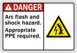 © middlenoodle - Arc flash hazard sign and labels Arc flash and shock hazard. Appropriate PPE required.