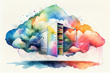 Wall Mural - watercolor illustration of a illustration concept of cloud computing service for future, data storag