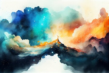Wall Mural - watercolor illustration of a panorama colorful background with nebula galaxy space illustration. gen