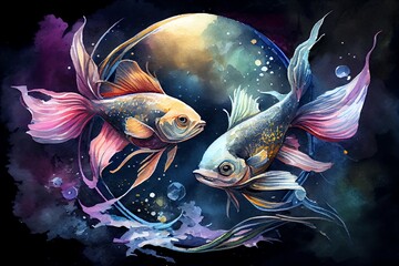 Wall Mural - Watercolor Illustration of a Zodiac Sign Of Pisces, Fantasy Fish With Magic Light In Space. Generative AI