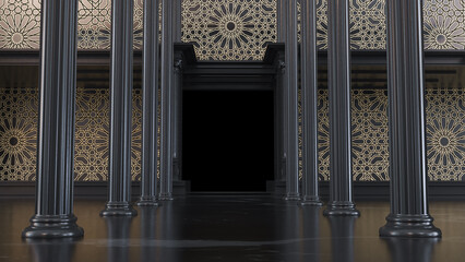 Wall Mural - 3D render of dark entrance hall between black columns and golden arabesque style