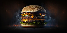 A Big Cheeseburger On Dark Background, Generative Ai