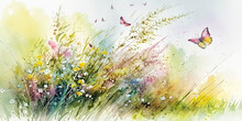 Watercolor Painting Of A Spring Meadow Full Of Blooming Flowers And Butterflies. Spring Aquarelle Wallpaper. Generative Ai. Floral Background