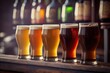 Assortment of draft beer on the bar counter, close-up. Generative ai.