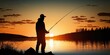 Silhouette of a fisherman fishing at sunset near the river. Generative ai.