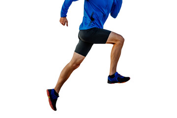 Poster - male runner in blue windbreaker and black tights running uphill, cut silhouette on transparent background, sports photo