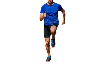 Poster - muscular male runner in blue shirt and black tights running, front view, cut silhouette on transparent background, sports photo